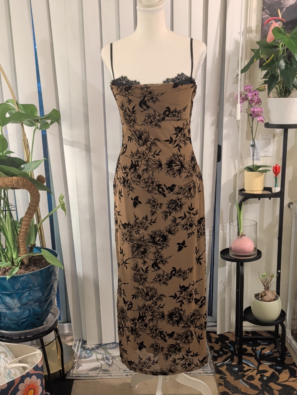 Elegant Brown Burnout Floral Slip Dress with  Black Lace/ Peekaboo Bra Detail, M